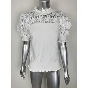 Elie Tahari Lace Knit Sweater Womens Small White Puff Sleeve Crochet Top